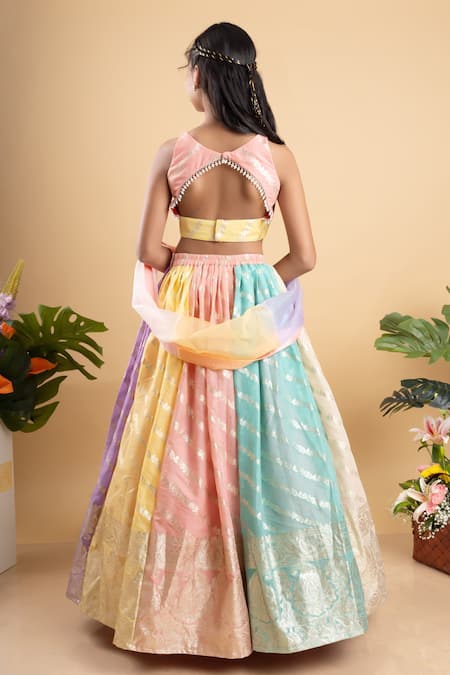 Shop Kirti Agarwal - Pret N Couture Multi Color Organza, Chanderi Silk, Linen Embroidery Motif Lehenga Set at Aza Fashions Shop_Kirti Agarwal - Pret N Couture_Multi Color Organza, Chanderi Silk, Linen Embroidery Motif Lehenga Set _at_Aza_Fashions
