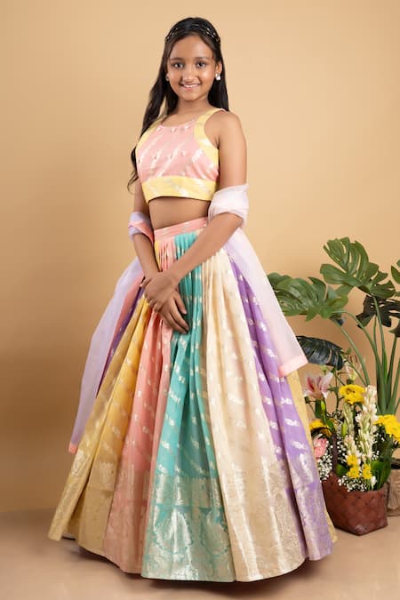 Kirti Agarwal - Pret N Couture Multi Color Organza, Chanderi Silk, Linen Embroidery Motif Lehenga Set Online at Aza Fashions Kirti Agarwal - Pret N Couture_Multi Color Organza, Chanderi Silk, Linen Embroidery Motif Lehenga Set _Online_at_Aza_Fashions