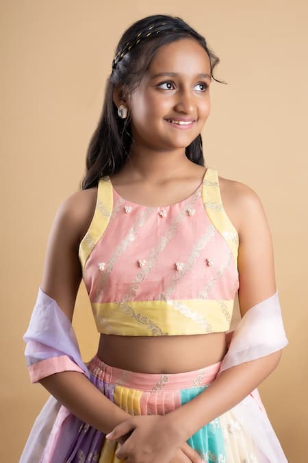 Shop Kirti Agarwal - Pret N Couture Multi Color Organza, Chanderi Silk, Linen Embroidery Motif Lehenga Set Online at Aza Fashions Shop_Kirti Agarwal - Pret N Couture_Multi Color Organza, Chanderi Silk, Linen Embroidery Motif Lehenga Set _Online_at_Aza_Fashions