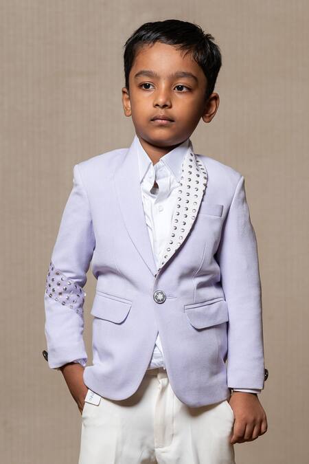 Buy_Kirti Agarwal - Pret N Couture_Purple Gingham, Cotton Metallic Thread Stud Embellished Blazer Set _Online_at_Aza_Fashions