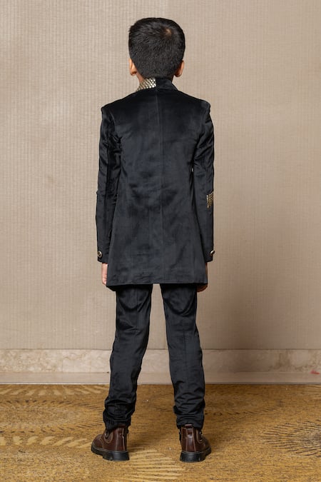 Shop_Kirti Agarwal - Pret N Couture_Black Gingham, Suede, Cotton Studs Velvet Embellished Blazer Set _at_Aza_Fashions