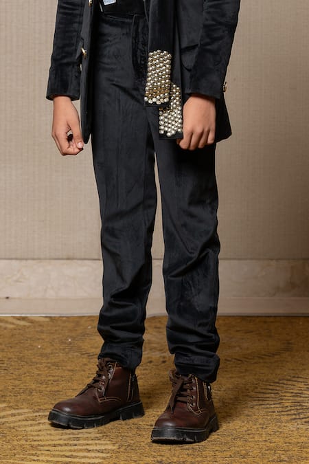 Kirti Agarwal - Pret N Couture_Black Gingham, Suede, Cotton Studs Velvet Embellished Blazer Set _Online_at_Aza_Fashions
