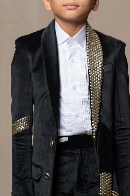 Shop_Kirti Agarwal - Pret N Couture_Black Gingham, Suede, Cotton Studs Velvet Embellished Blazer Set _Online_at_Aza_Fashions