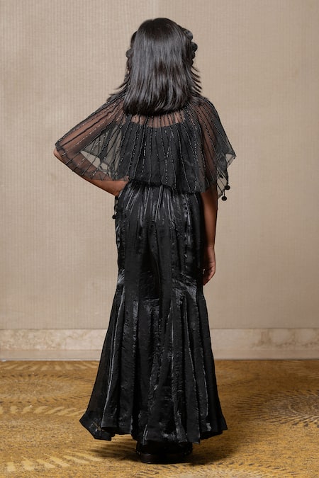 Shop_Kirti Agarwal - Pret N Couture_Black Satin, Silk, Cotton, Net Beads, Cut Work Embroidered Cape Pant Set _at_Aza_Fashions