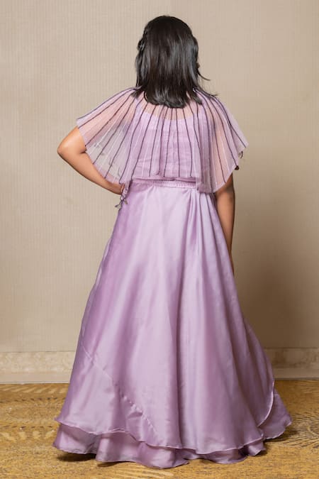 Shop Kirti Agarwal - Pret N Couture Purple Satin, Organza, Net Beads, Sequins Stripe Embroidered Cape Skirt Set at Aza Fashions Shop_Kirti Agarwal - Pret N Couture_Purple Satin, Organza, Net Beads, Sequins Stripe Embroidered Cape Skirt Set _at_Aza_Fashions