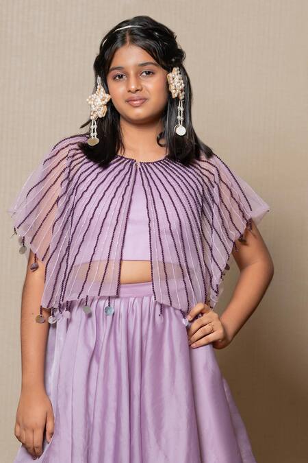 Buy Kirti Agarwal - Pret N Couture Purple Satin, Organza, Net Beads, Sequins Stripe Embroidered Cape Skirt Set Online at Aza Fashions Buy_Kirti Agarwal - Pret N Couture_Purple Satin, Organza, Net Beads, Sequins Stripe Embroidered Cape Skirt Set _Online_at_Aza_Fashions