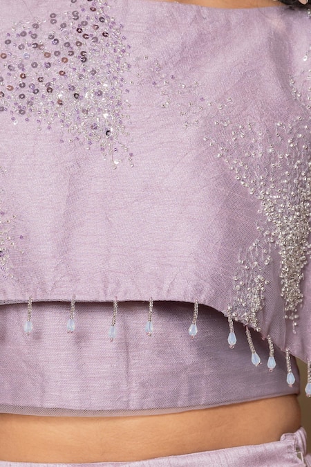 Buy_Kirti Agarwal - Pret N Couture_Purple Silk, Net, Linen Sequins Embroidered Crop Top And Lehenga Set_Online_at_Aza_Fashions