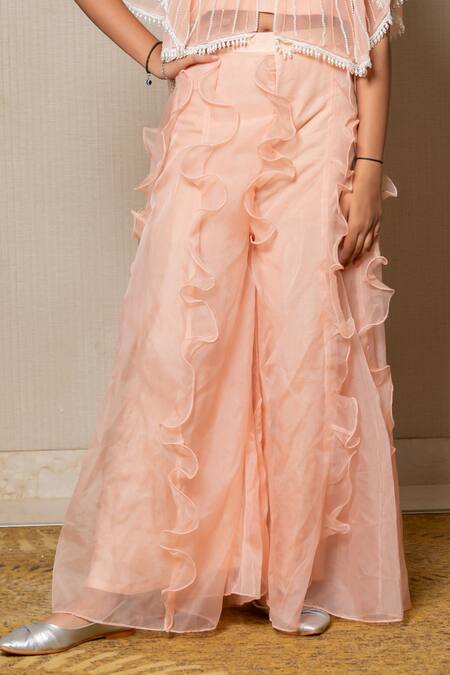 Kirti Agarwal - Pret N Couture_Peach Cotton, Organza, Net Beads, Cut Work, Ruffles Embroidered Cape Palazzo Set _Online_at_Aza_Fashions