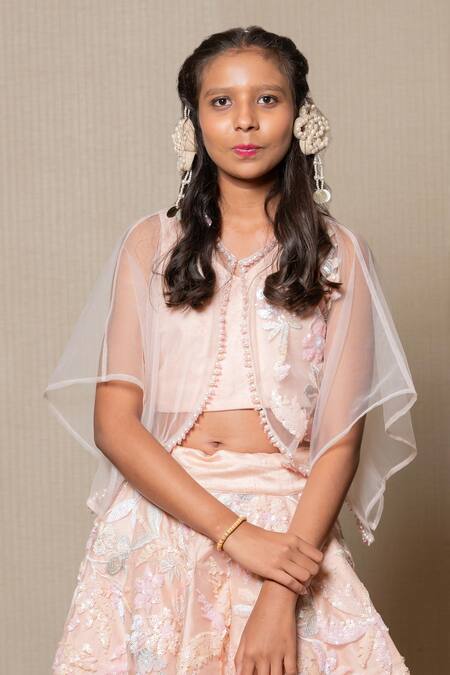 Kirti Agarwal - Pret N Couture Peach Silk, Net, Cotton Sequins, Beads, Embroidery Placket Cape Lehenga Set Online at Aza Fashions Kirti Agarwal - Pret N Couture_Peach Silk, Net, Cotton Sequins, Beads, Embroidery Placket Cape Lehenga Set_Online_at_Aza_Fashions
