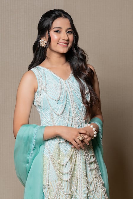 Shop Kirti Agarwal - Pret N Couture Green Organza, Crepe, Cotton Beads, Cut Work Cutdana Embroidered Kurta Set at Aza Fashions Shop_Kirti Agarwal - Pret N Couture_Green Organza, Crepe, Cotton Beads, Cut Work Cutdana Embroidered Kurta Set _at_Aza_Fashions