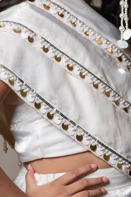 Buy Kirti Agarwal - Pret N Couture Off White Silk Satin, Cotton Beads, Stripe Embroidered Crop Top And Lehenga Set Online at Aza Fashions Buy_Kirti Agarwal - Pret N Couture_Off White Silk Satin, Cotton Beads, Stripe Embroidered Crop Top And Lehenga Set _Online_at_Aza_Fashions