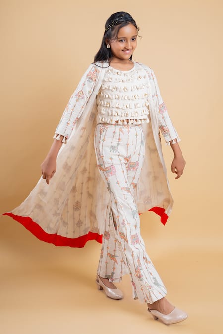 Kirti Agarwal - Pret N Couture Off White Cotton Embroidery Mirror Elephant Cape Pant Set 