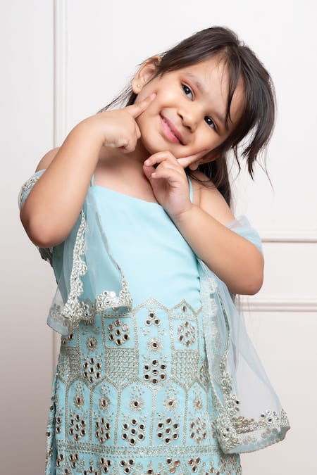 Kirti Agarwal - Pret N Couture_Blue Net, Georgette, Cotton Mirrors, Zari Embroidered Aqua Kurta Sharara Set _Online_at_Aza_Fashions