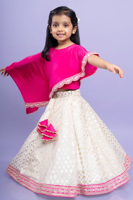 Shop_Kirti Agarwal - Pret N Couture_Pink Crepe, Chanderi Silk, Scallop Border Embroidered Cape Top And Lehenga Set _at_Aza_Fashions