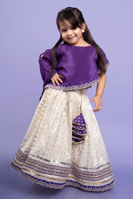 Kirti Agarwal - Pret N Couture_Purple Crepe, Chanderi Silk, Linen Scallop Embroidered Cape Top And Lehenga Set _Online_at_Aza_Fashions