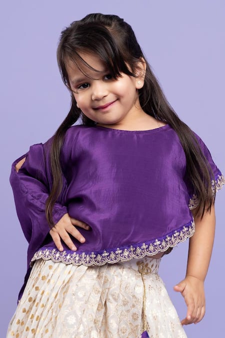 Buy_Kirti Agarwal - Pret N Couture_Purple Crepe, Chanderi Silk, Linen Scallop Embroidered Cape Top And Lehenga Set _Online_at_Aza_Fashions