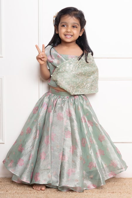 Kirti Agarwal - Pret N Couture Green Organza Tissue Printed Lotus Crop Top And Lehenga Set 