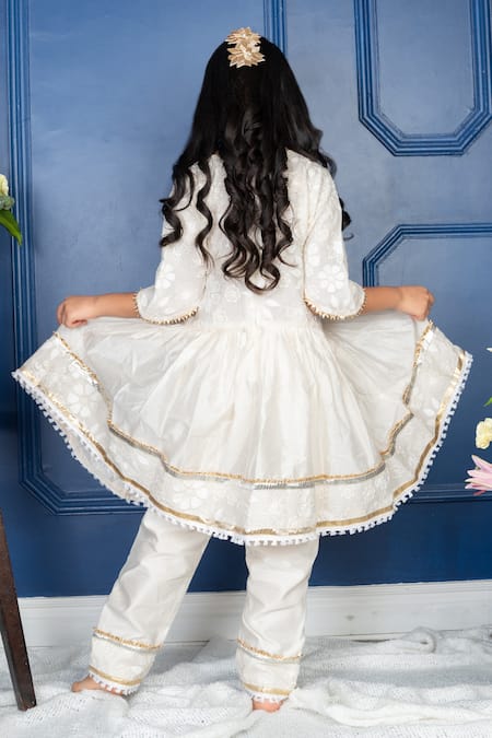 Shop Kirti Agarwal - Pret N Couture Off White Chanderi Silk, Cotton Gota Patti, Floral Anarkali With Pant at Aza Fashions Shop_Kirti Agarwal - Pret N Couture_Off White Chanderi Silk, Cotton Gota Patti, Floral Anarkali With Pant _at_Aza_Fashions