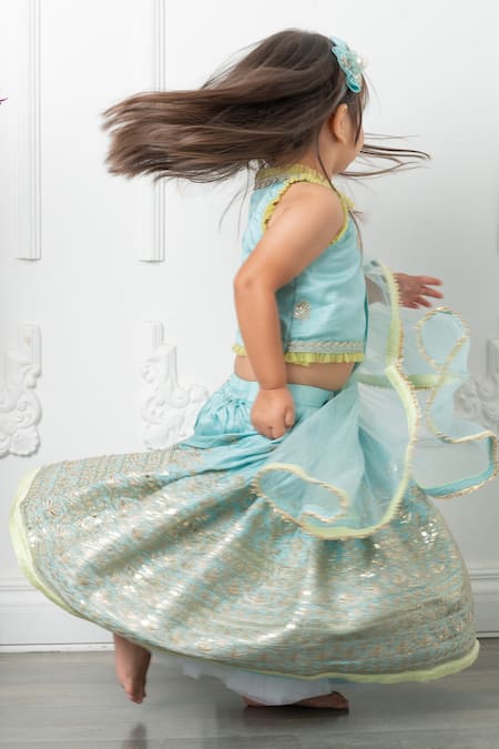 Buy_Kirti Agarwal - Pret N Couture_Blue Net, Silk, Cotton Embroidery Floral Pita Work Lehenga Set_Online_at_Aza_Fashions