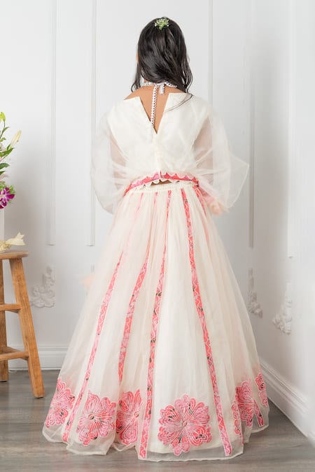 Shop_Kirti Agarwal - Pret N Couture_Off White Silk, Organza, Cotton Applique, Pearls Floral Work Lehenga Set _at_Aza_Fashions