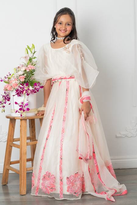 Kirti Agarwal - Pret N Couture_Off White Silk, Organza, Cotton Applique, Pearls Floral Work Lehenga Set _Online_at_Aza_Fashions