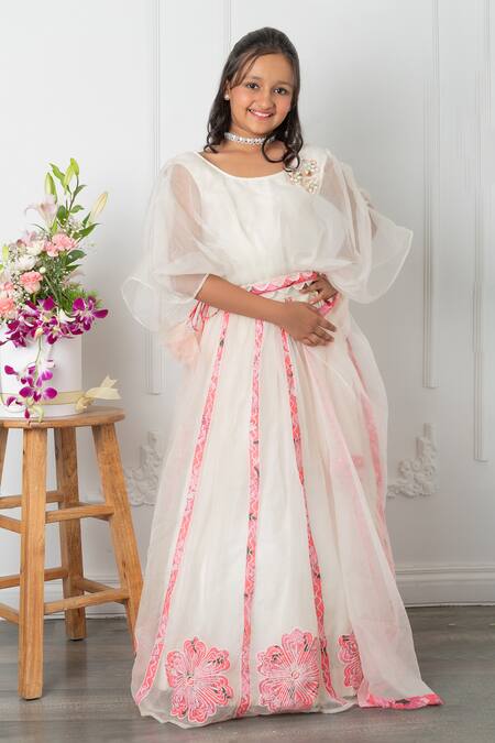 Buy_Kirti Agarwal - Pret N Couture_Off White Silk, Organza, Cotton Applique, Pearls Floral Work Lehenga Set _Online_at_Aza_Fashions