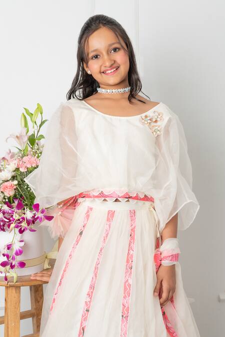 Shop_Kirti Agarwal - Pret N Couture_Off White Silk, Organza, Cotton Applique, Pearls Floral Work Lehenga Set _Online_at_Aza_Fashions