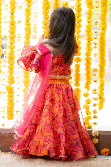 Kirti Agarwal - Pret N Couture Orange Organza Embroidered Sequin Scribble Floral Print Lehenga Set  2