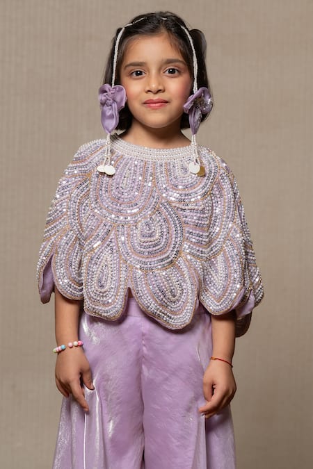 Kirti Agarwal - Pret N Couture_Purple Satin, Silk, Cotton Pearls, Sequins Embroidered Cape And Plazzo Set _Online_at_Aza_Fashions