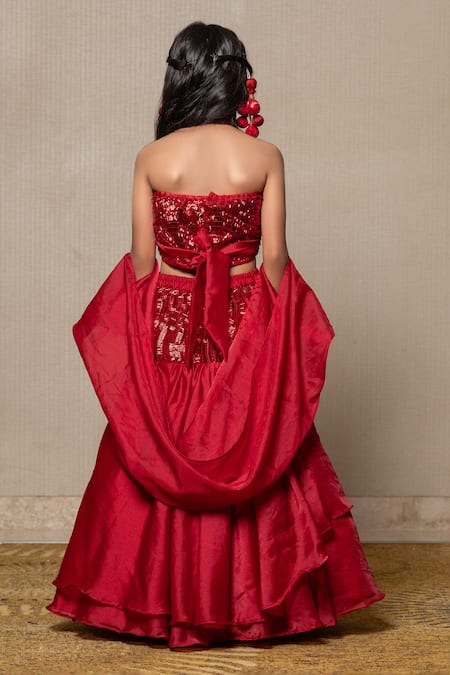 Shop Kirti Agarwal - Pret N Couture Red Satin, Organza, Cotton Sequins Embroidered Top Skirt Set at Aza Fashions Shop_Kirti Agarwal - Pret N Couture_Red Satin, Organza, Cotton Sequins Embroidered Top Skirt Set _at_Aza_Fashions