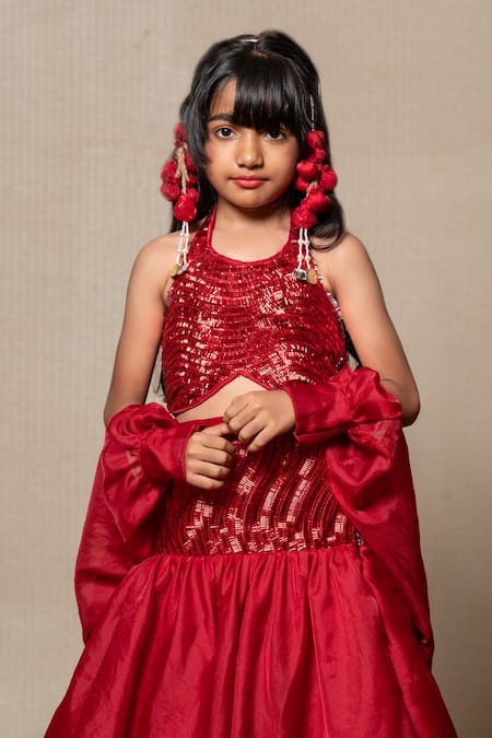 Kirti Agarwal - Pret N Couture Red Satin, Organza, Cotton Sequins Embroidered Top Skirt Set Online at Aza Fashions Kirti Agarwal - Pret N Couture_Red Satin, Organza, Cotton Sequins Embroidered Top Skirt Set _Online_at_Aza_Fashions