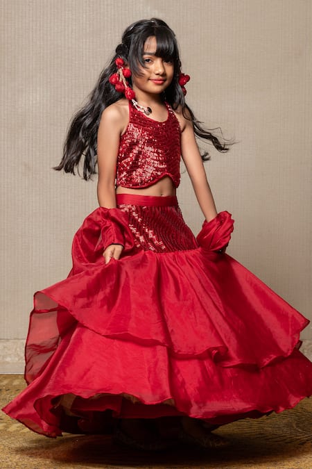 Shop Kirti Agarwal - Pret N Couture Red Satin, Organza, Cotton Sequins Embroidered Top Skirt Set Online at Aza Fashions Shop_Kirti Agarwal - Pret N Couture_Red Satin, Organza, Cotton Sequins Embroidered Top Skirt Set _Online_at_Aza_Fashions