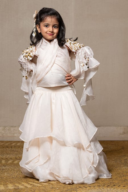 Kirti Agarwal - Pret N Couture Off White Satin Silk Embroidered Sequin And Pearl Cape & Skirt Set 