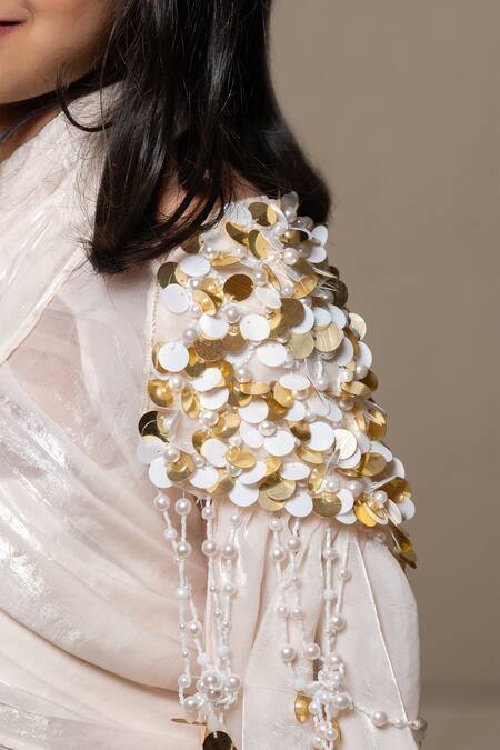 Kirti Agarwal - Pret N Couture_Off White Satin, Silk, Cotton Pearls, Sequins And Embroidered Cape & Skirt Set _Online_at_Aza_Fashions