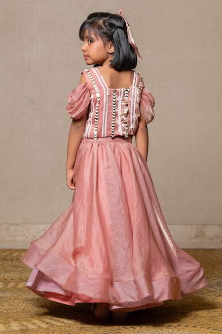 Shop_Kirti Agarwal - Pret N Couture_Pink Satin, Silk, Cotton Sequins Flared Lehenga With Embroidered Top _at_Aza_Fashions