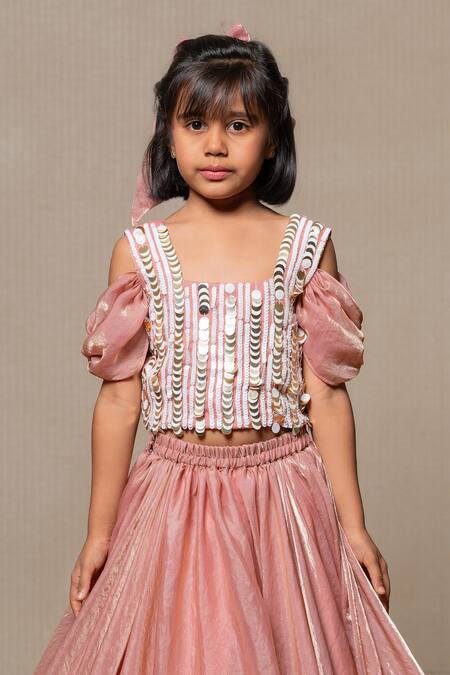 Buy_Kirti Agarwal - Pret N Couture_Pink Satin, Silk, Cotton Sequins Flared Lehenga With Embroidered Top _Online_at_Aza_Fashions