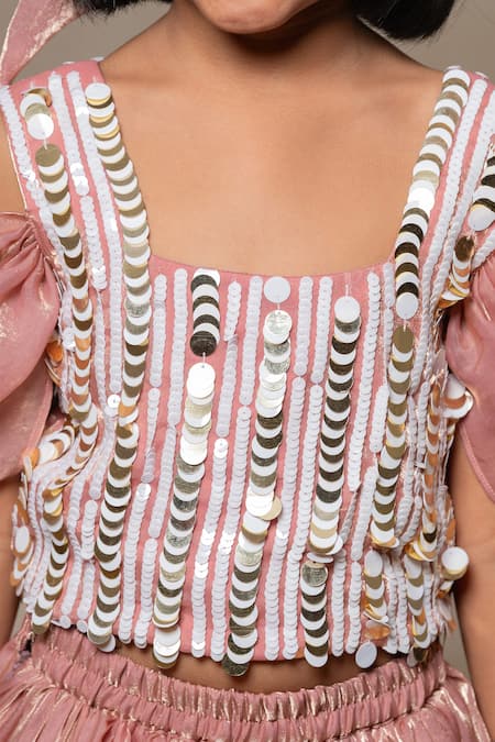 Shop_Kirti Agarwal - Pret N Couture_Pink Satin, Silk, Cotton Sequins Flared Lehenga With Embroidered Top _Online_at_Aza_Fashions