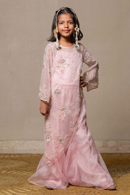 Kirti Agarwal - Pret N Couture Pink Net Sequin Floral Kurta With Palazzo 