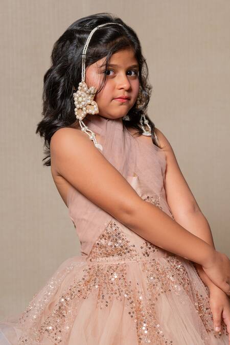 Kirti Agarwal - Pret N Couture_Beige Net, Silk, Cotton Sequins, Beads And Embroidered Frock_Online_at_Aza_Fashions