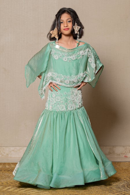 Kirti Agarwal - Pret N Couture Green Satin Silk Embroidered Sequin Beadwork Lehenga Set And Cape 