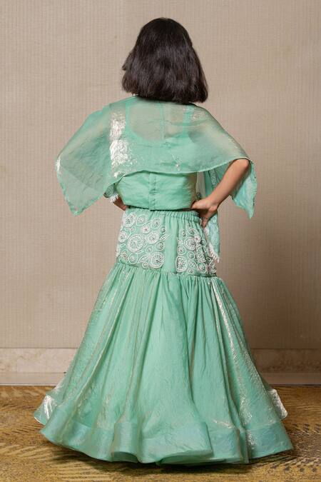 Shop Kirti Agarwal - Pret N Couture Green Satin, Silk, Cotton Beads, Sequins Beadwork Embroidered Lehenga Set And Cape at Aza Fashions Shop_Kirti Agarwal - Pret N Couture_Green Satin, Silk, Cotton Beads, Sequins Beadwork Embroidered Lehenga Set And Cape _at_Aza_Fashions