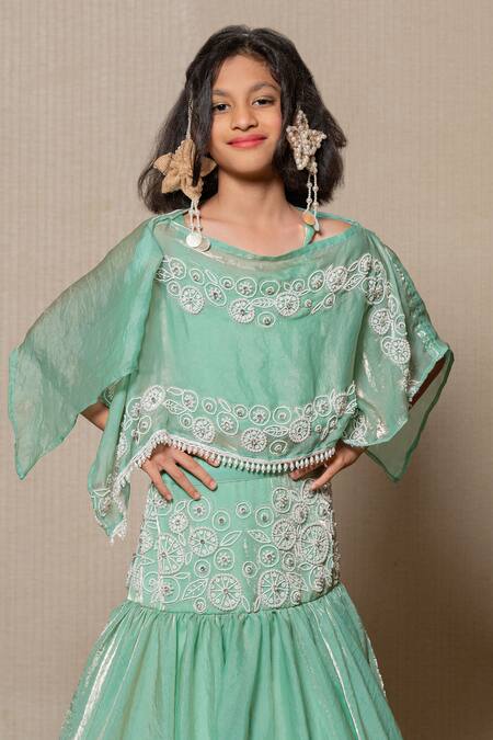 Kirti Agarwal - Pret N Couture Green Satin, Silk, Cotton Beads, Sequins Beadwork Embroidered Lehenga Set And Cape Online at Aza Fashions Kirti Agarwal - Pret N Couture_Green Satin, Silk, Cotton Beads, Sequins Beadwork Embroidered Lehenga Set And Cape _Online_at_Aza_Fashions