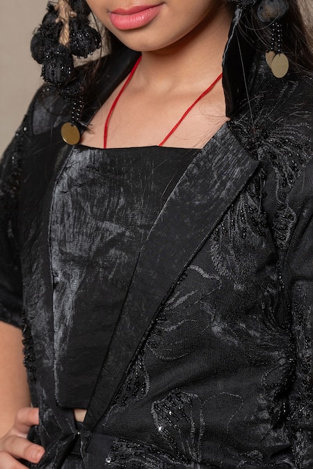 Shop_Kirti Agarwal - Pret N Couture_Black Satin, Silk, Cotton Beads Floral Beadwork Blazer Pant Set _Online_at_Aza_Fashions