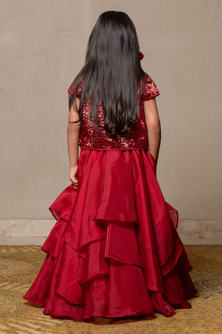 Shop_Kirti Agarwal - Pret N Couture_Red Organza, Cotton, Net Sequins Layered Lehenga Set And Jacket _at_Aza_Fashions