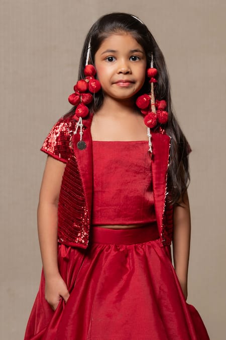 Kirti Agarwal - Pret N Couture_Red Organza, Cotton, Net Sequins Layered Lehenga Set And Jacket _Online_at_Aza_Fashions