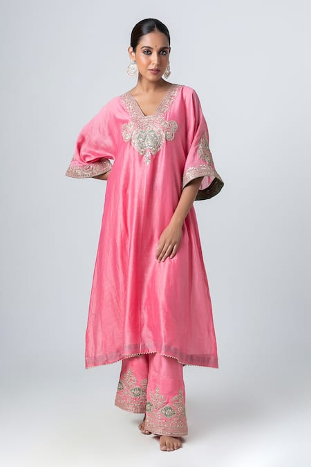 Pants and Pajamas Silk Chanderi Floral Embroidered Kurta 