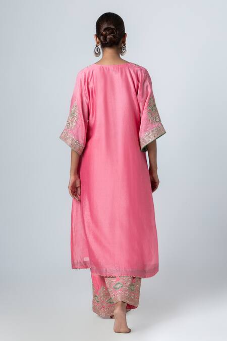 Shop Pants And Pajamas Pink Silk, Chanderi Zari, Sequins V-neck Floral Embroidered Kurta at Aza Fashions Shop_Pants And Pajamas_Pink Silk, Chanderi Zari, Sequins V-neck Floral Embroidered Kurta _at_Aza_Fashions