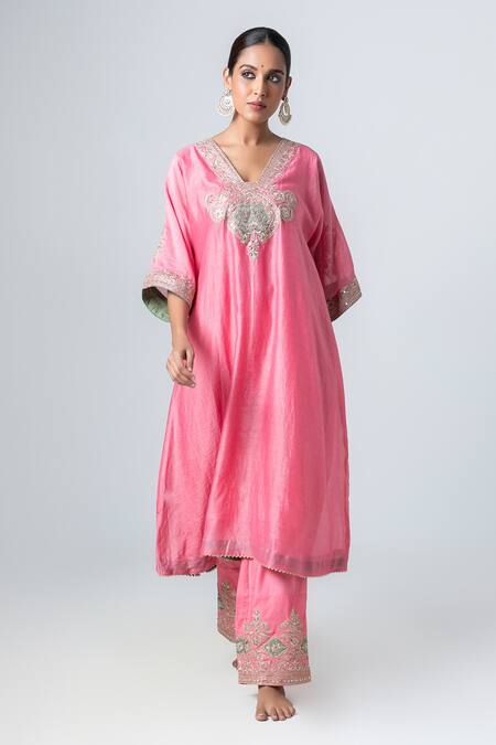Shop Pants And Pajamas Pink Silk, Chanderi Zari, Sequins V-neck Floral Embroidered Kurta Online at Aza Fashions Shop_Pants And Pajamas_Pink Silk, Chanderi Zari, Sequins V-neck Floral Embroidered Kurta _Online_at_Aza_Fashions