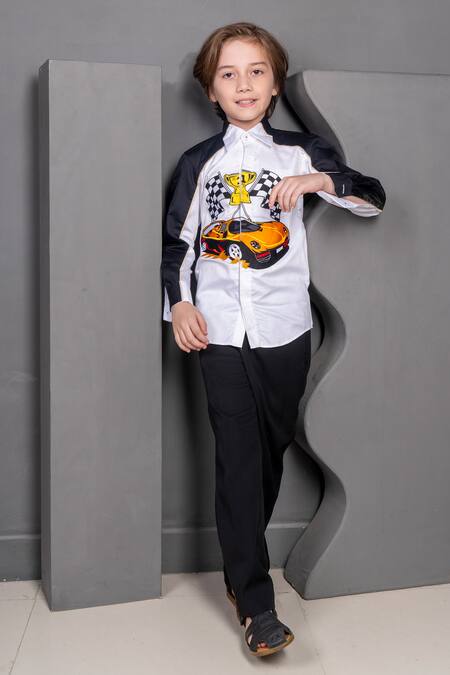 Hoity Moppet Black Cotton Embroidery Lil Racer Car Shirt Online at Aza Fashions Hoity Moppet_Black Cotton Embroidery Lil Racer Car Shirt _Online_at_Aza_Fashions