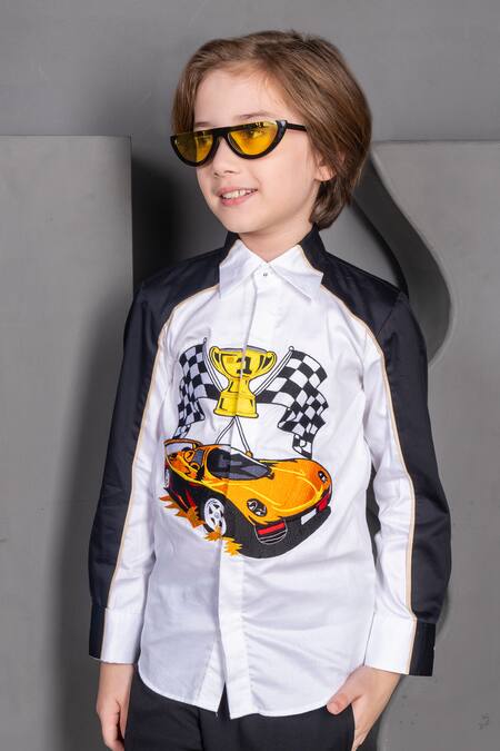 Shop Hoity Moppet Black Cotton Embroidery Lil Racer Car Shirt Online at Aza Fashions Shop_Hoity Moppet_Black Cotton Embroidery Lil Racer Car Shirt _Online_at_Aza_Fashions